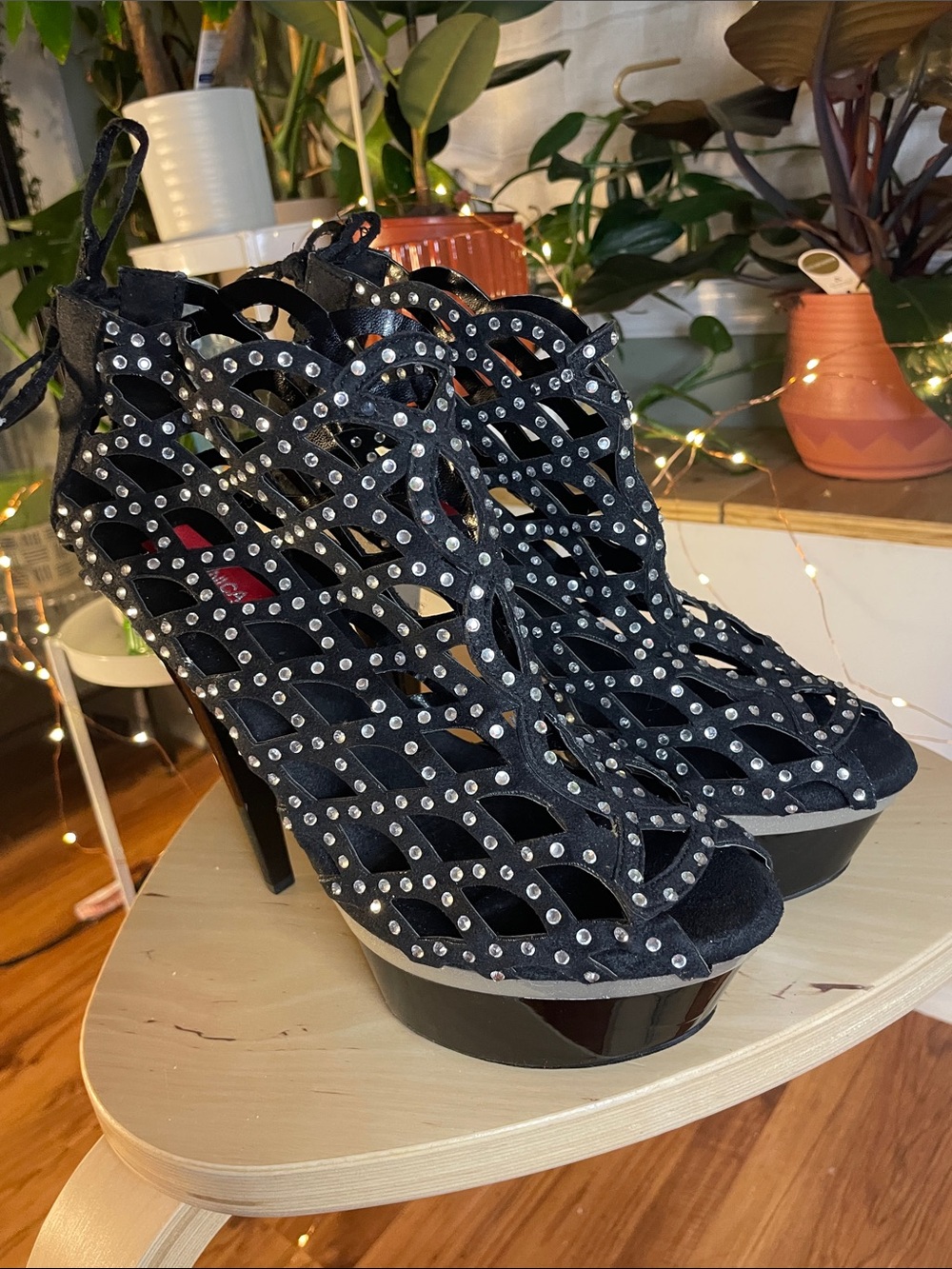 Kotonica black rhinestone-studded platform cage heels
